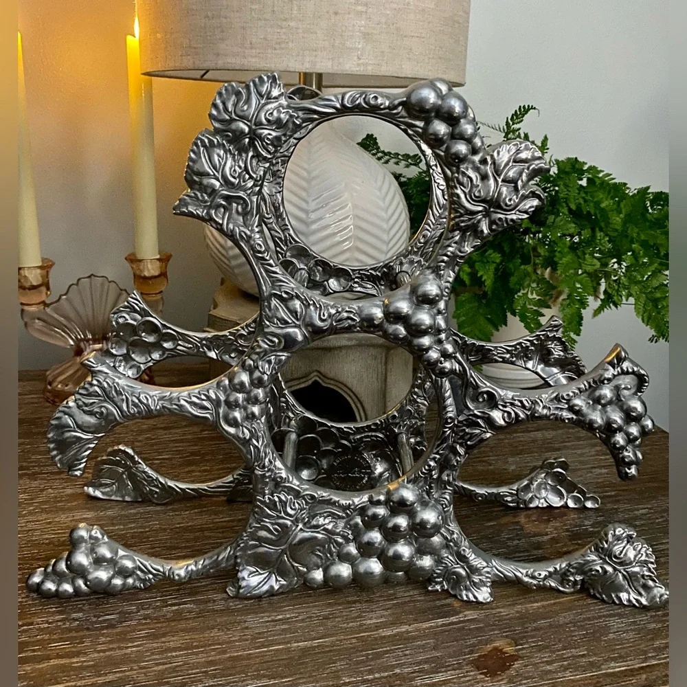 Vtg Arthur Court Wine Rack Grape Vine Cast Aluminum  Bottle Holder Silver